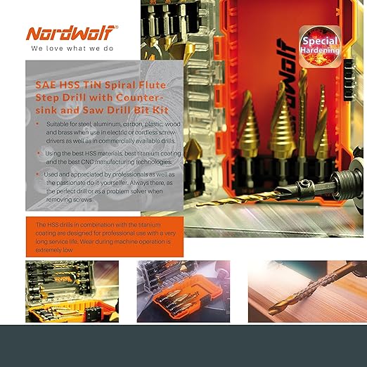 NordWolf 13-Piece HSS Titanium Spiral Flute Step Drill, 82-Degree 3 Flutes Countersink & Tapered Drill 4 Cutters Countersink and Saw Drill Bit Set with 1/4" Hex Shank in Storage Case