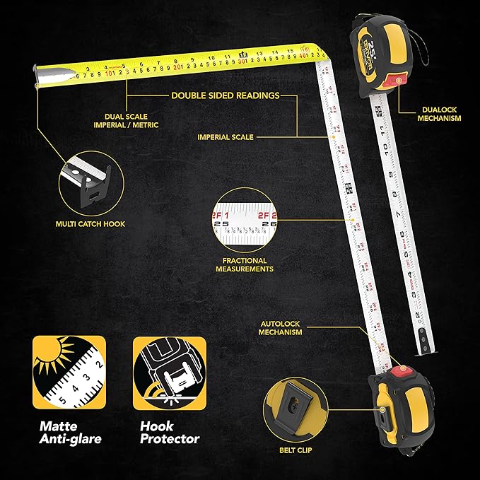 LEXIVON [4-Pack] 25Ft/7.5m Tape Measure, DuaLock & AutoLock | 1-Inch Wide Blade with Nylon Coating, Matte Finish White & Yellow Dual Sided Rule Print | Ft/Inch/Fractions/Metric (LX-204X2)