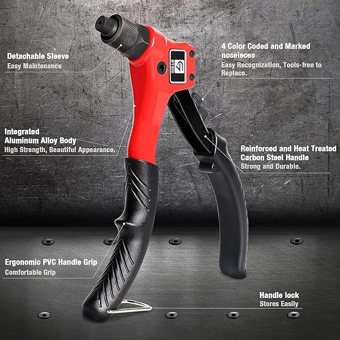 Rivet Gun, GIANTISAN Pop Rivet Tool Kit with 200 Rivets and 4 Drill Bits, Manual Hand Riveter Kit with Rugged Carrying Case