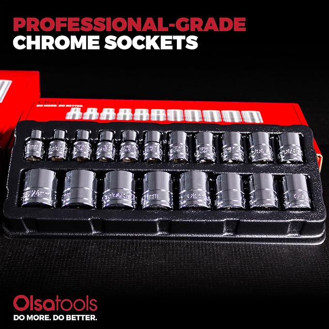 Olsa Tools 3/8-Inch Drive SAE Deep Socket Set - 19pc | 6-Point Chrome Vanadium Sockets, 6mm–24mm, No Skipped Sizes - Professional-Grade SAE Socket Sets - Part: 1328