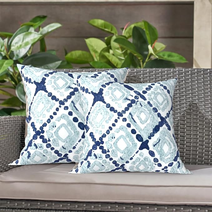 LVTXIII Outdoor Throw Pillows, Decorative Throw Pillows with Inserts, 16"x16" Square Pillows for Bed, Couch, Sofa and Patio Furniture, Set of 2, Boho Geometry Blue