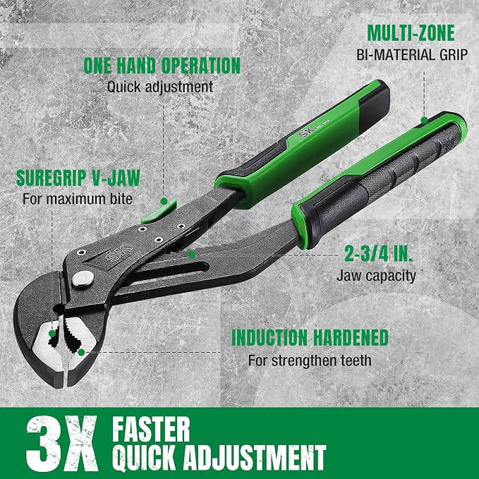 SK 12'' Quick Adjust Water Pump Pliers, SureGrip V-Jaw Groove Joint Pliers | Premium CR-V Steel, Ergonomic Anti-slip Handle for Comfortable Grip