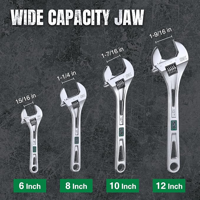 SK 8-Inch Adjustable Wrench, 1-1/4" Jaw Capacity, SAE&Metric Scales | X-Frame Handle, Precision Jaw, Heat Treated CR-V Steel, Chrome-Plated Rust Resistant Finish