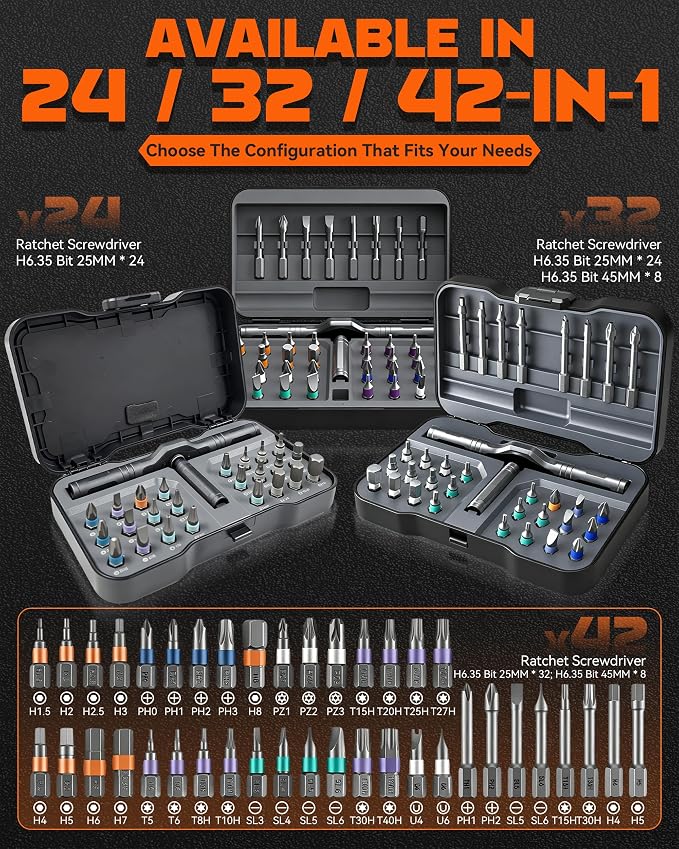 Multi Tool Set, 24 in 1 S2 Steel Magnetic Screwdriver Sets, High Torque with DIY Detachable T Ratchet Handle, Precision Repair for Furniture Assembly, Electrical Appliance, Bicycle (24-IN-1)