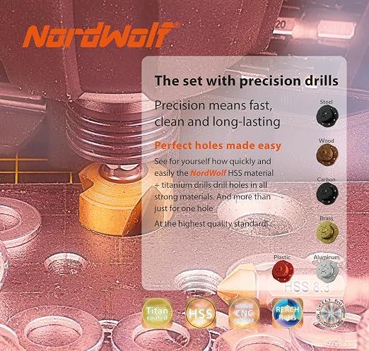NordWolf 13-Piece HSS Titanium Spiral Flute Step Drill, 82-Degree 3 Flutes Countersink & Tapered Drill 4 Cutters Countersink and Saw Drill Bit Set with 1/4" Hex Shank in Storage Case