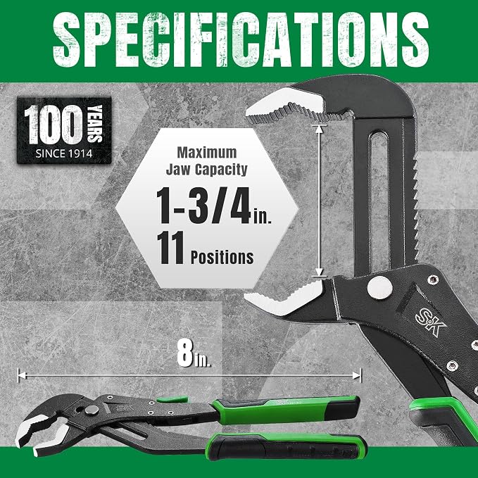 SK 8'' Quick Adjust Water Pump Pliers, SureGrip V-Jaw Groove Joint Pliers | Premium CR-V Steel, Ergonomic Anti-slip Handle for Comfortable Grip
