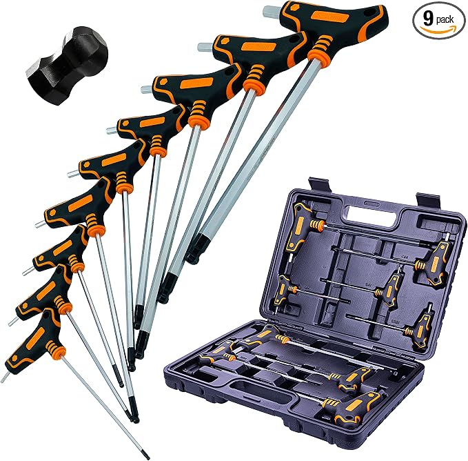 NordWolf 9-Piece T-Handle Metric Allen Wrench Set, S2 Steel Long Arm Ball End Hex Keys, Sizes 2mm to 10mm in Storage Box