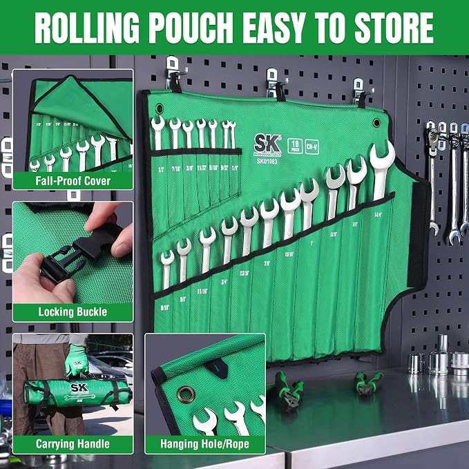 SK Combination Wrench Set, SAE 1/4" to 1-1/4", 18-Piece, Premium CR-V Steel | SuperKrome Finish, Drop Forged, 12-Point Wrenches, 15-Degree Offset, with Rolling Pouch
