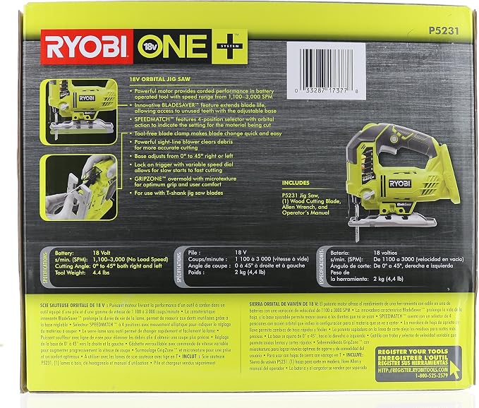 RYOBI One+ P5231 18V Lithium Ion Cordless Orbital T-Shaped 3,000 SPM Jigsaw (Battery Not Included, Power Tool and T-Shaped Wood Cutting Blade Only)