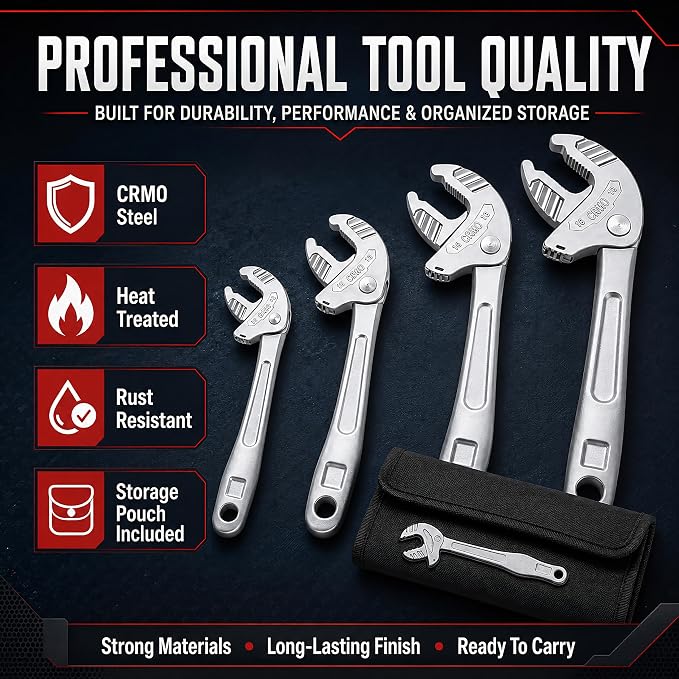 Self Adjusting Wrench Set, 4Pcs Self Locking Wrench with Automatic Continuous Gripping, Ratcheting Self Setting Spanner for 1/4"-3/4" Nuts, Bolts, Plumbing, Automotive Repair & Tight Work Spaces