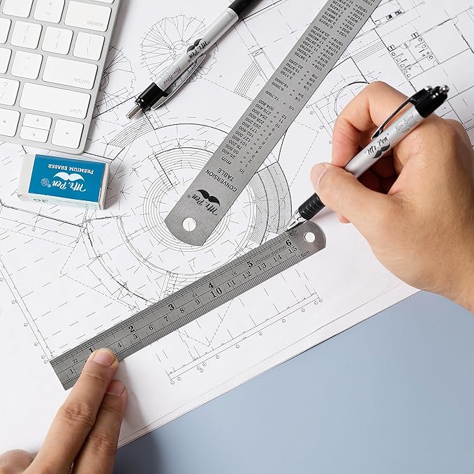 Mr. Pen- Metal Straight Edge Ruler, 2 Pack, 6" and 12", Silver, Stainless Steel Ruler Set, Imperial & Metric Measurements for Drawing, Home, Office, Engineering