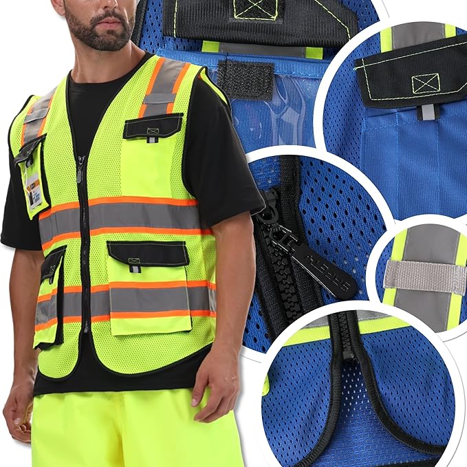 JKSafety Hi Vis Reflective Safety Vests for Men Women High Visibility Vest with Pockets Mesh Fabric Construction Safety Apparel Neon Vest for Work (220-Blue M)
