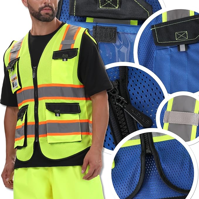 JKSafety Hi Vis Reflective Safety Vests for Men Women High Visibility Vest with Pockets Mesh Fabric Construction Safety Apparel Neon Vest for Work (220-Blue L)