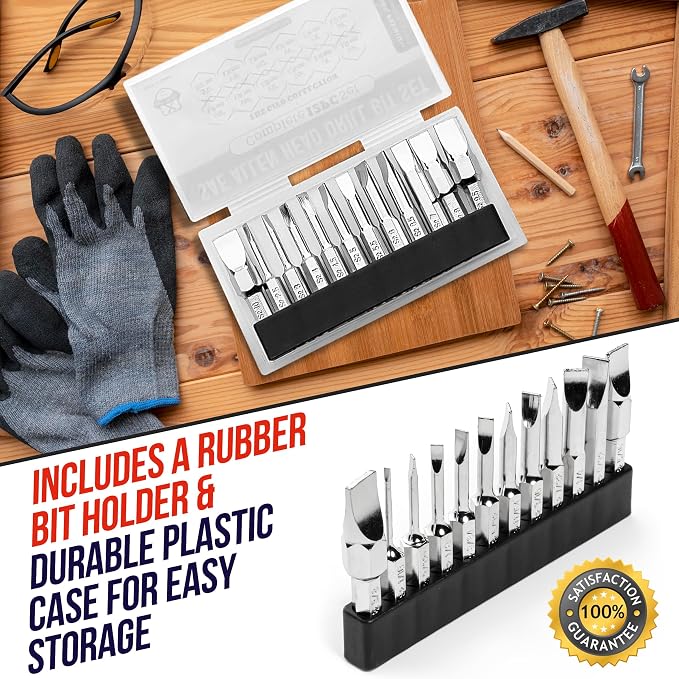 Slotted Screwdriver Bit Set | Premium12pc Complete SAE Set Bit Holder and Storage case Precision 1/4in Hex Shank Magnetic Flat Head Drive Bits Set 2 in Long Security Set for Drill Impact Drivers