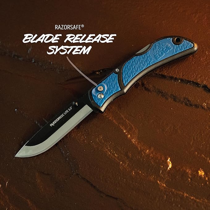 OUTDOOR EDGE 3.5" RazorLite EDC Knife. Pocket Knife with Replaceable Blades and Clip. Perfect For Hunting & Skinning Deer. Blue with 6 Blades