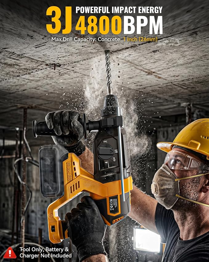 MtiolHig 1" SDS-Plus Cordless Rotary Hammer Drill Compatible with DEWALT 20V Battery, 3J Impact Energy Brushless Motor, 7-Speed Variable 4-Mode with 5 Chisel/Bit Set for Concrete/Masonry, Tool Only