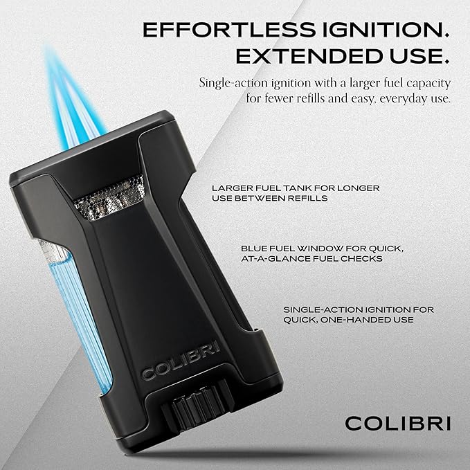 Colibri Rebel Double Jet Flame Torch Lighter, Windproof & Refillable, Cigar Enthusiast's Choice with Blue Fuel Window and Adjustable Flame (Matte Black + Black)