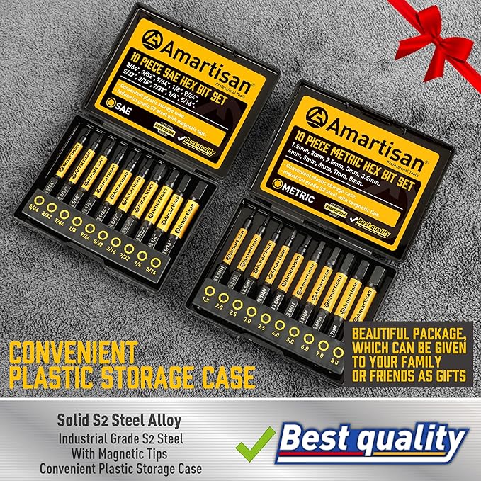 Amartisan 20-Piece Hex Head Allen Wrench Drill Bit Set, Metric and SAE S2 Steel Hex Bits Set, Magnetic Tips, 2.3" Long With Storage box. (20-Piece Hex Bit Set - NEW)