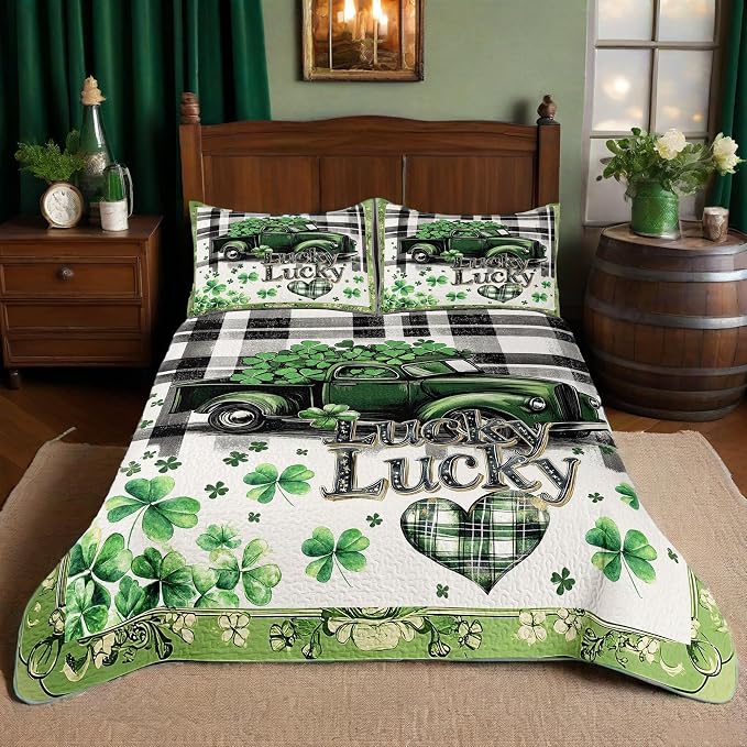 St. Patrick's Day Patchwork Quilt Set King Shamrock Car 3pcs Bedding Set with 2 Pillow Shams Soft Lightweight Coverlet Comforter Home Decor Gift for Boys (Shamrock Car, King(90"x104")) | Breathable