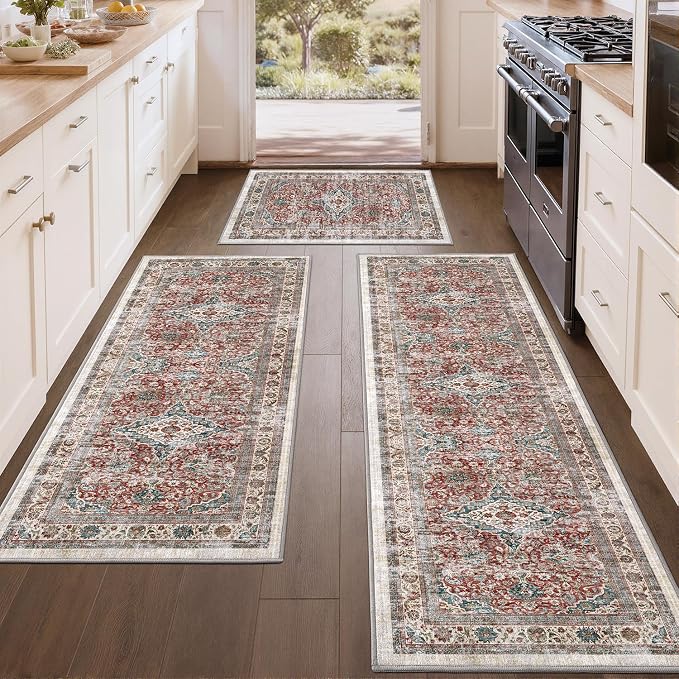 Color&Geometry Vintage Kitchen Rugs Sets of 3, Machine Washable 4mm Ultra Thin Stain Resistant Kitchen Floor Mats, Non Slip TPE Backing Runner for Sink,Hallway,Laundry,Entryway (2x3+2x5+2x7)