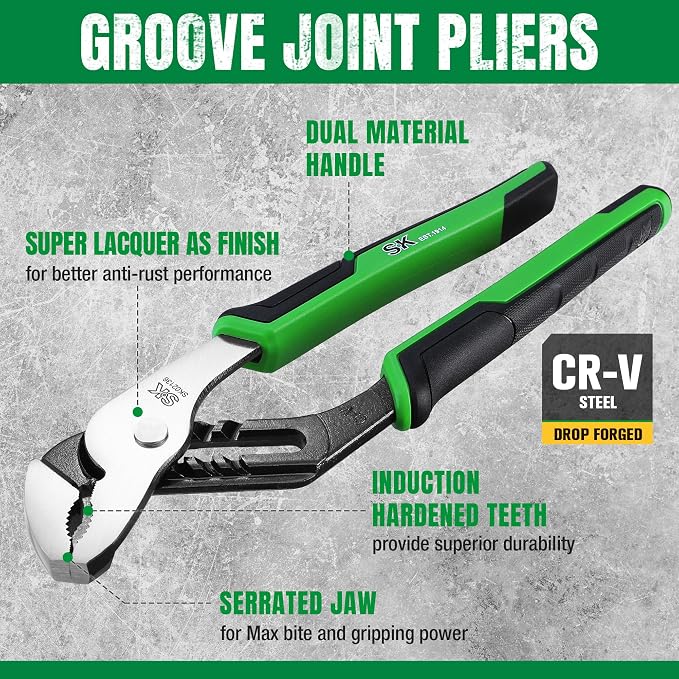SK 3-Piece Groove Joint Pliers Set, Adjustable Water Pump Pliers, 8-inch, 10-inch, 12-inch, Premium CR-V Steel Construction, Serrated Jaw with Comfortable Grips, Organized in Rolling Pouch