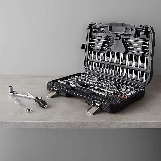 Amazon Basics 201-Piece Mechanic's Socket Tool Set With Case, SAE and Metric Sizes, Chrome-Vanadium Steel, Portable