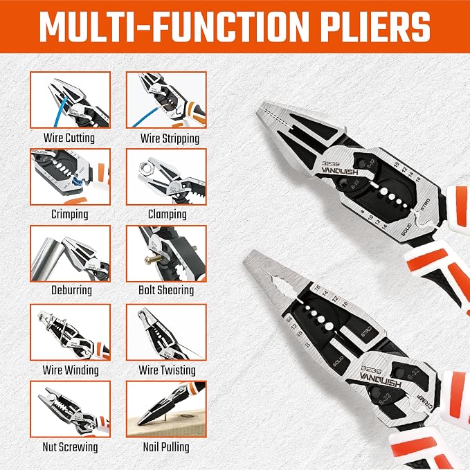 VANQUISH 2 Pcs Pliers Set, 8 Inch Multifunctional Linesman and Long Nose Plier, Wire Cutter/Crimper/Stripper, CRV Steel Heavy Duty Pliers