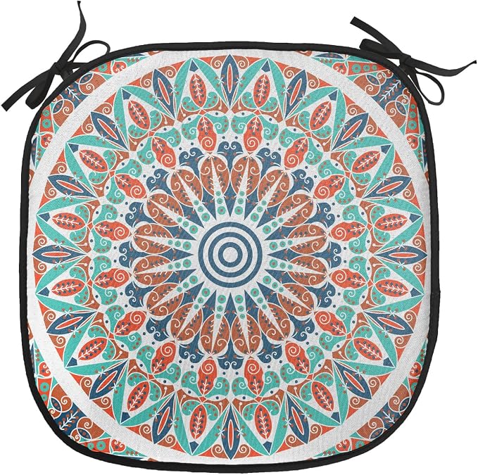 Lunarable Moroccan Chair Cushion Pads Set of 2, Floral Geometry Complex Design Medallion Middle Ages Tribal Art, Anti-Slip Seat Padding for Kitchen & Patio, 16"x16", Turquoise Dark Blue