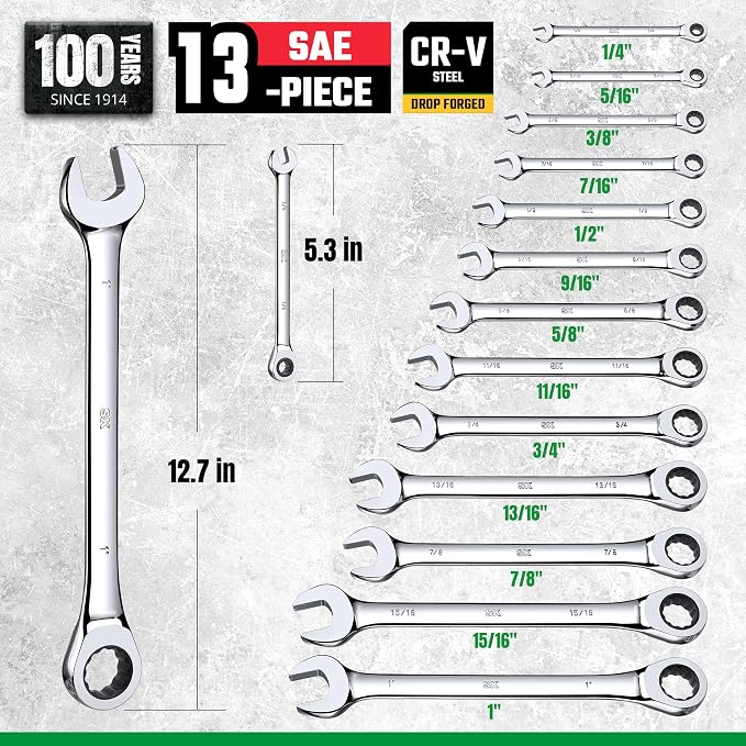 SK Ratchet Wrenches Set, Combination Wrench Set, 13-Piece, SAE 1/4" to 1" | Ratcheting Wrench Set, 72-Tooth, Chamfered Head Design, Premium CR-V Steel, with Rack Organizer