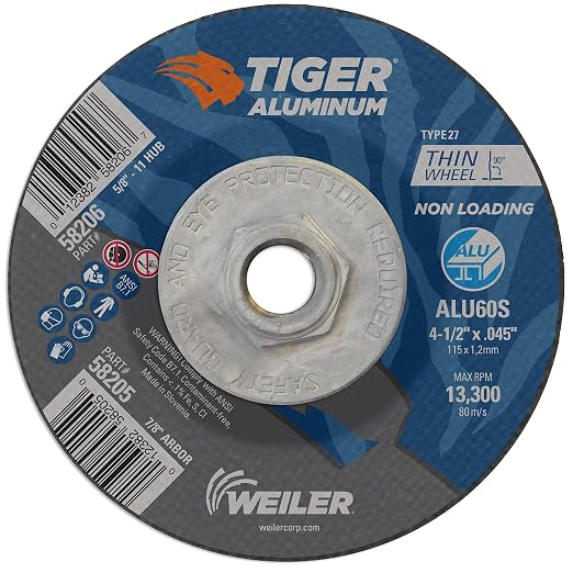 Weiler 58206 4-1/2 Inch Cutting Wheel, Tiger Aluminum Non-loading Contaminant-free High Performance Cutting, .045" ALU60S Type 27 5/8"-11 Hub, Pack of 10