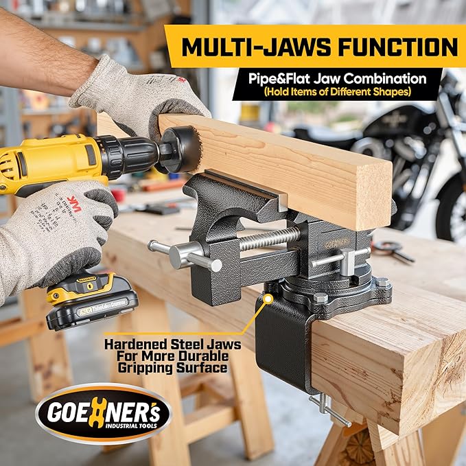 6-Inch Bench Vise, Vice for Workbench with Heavy Duty Forged Steel Construction, Built-in Pipe Jaw and Swivel Base, Table Vise for Woodworking, Home Workshop Use and DIY Job