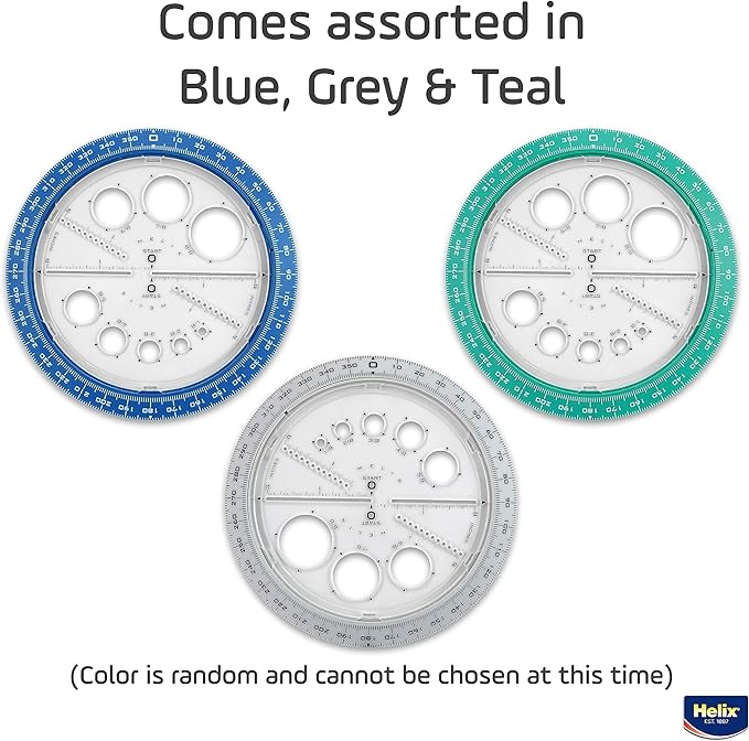 Helix Angle and Circle Maker with Integrated Circle Templates, 360 Degree, 6 Inch / 15cm, Assorted Colors (36002)