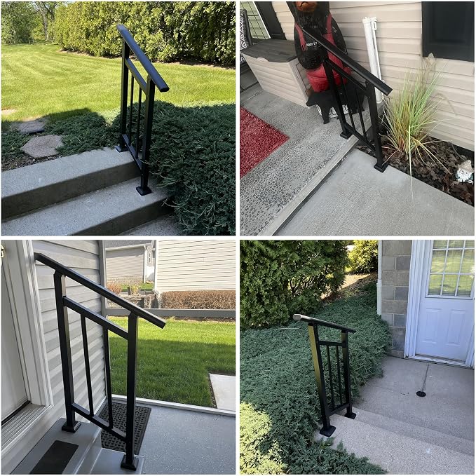 Hand Rails for Outdoor Steps，Stair Handrail & Indoor Stair Railing Kit，Railings for Outdoor Steps for Fence & Outdoor Steps (2, Black-with Balusters, 2 Step)