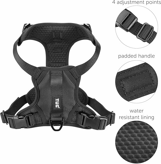 TUG No-Pull Dog Harness, 2 Leash Clips + Padded Handle (Large, Black) | Water-Resistant Padded Interior | No-Pull Front Clip | Padded Back Handle | Adjustable Straps