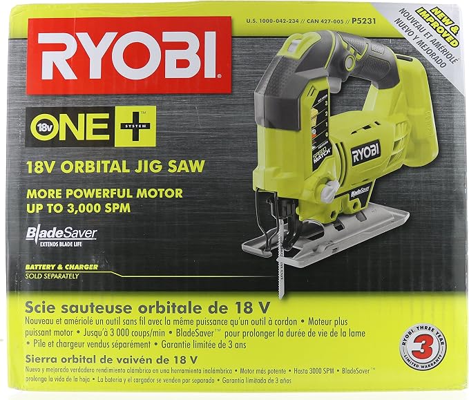 RYOBI One+ P5231 18V Lithium Ion Cordless Orbital T-Shaped 3,000 SPM Jigsaw (Battery Not Included, Power Tool and T-Shaped Wood Cutting Blade Only)