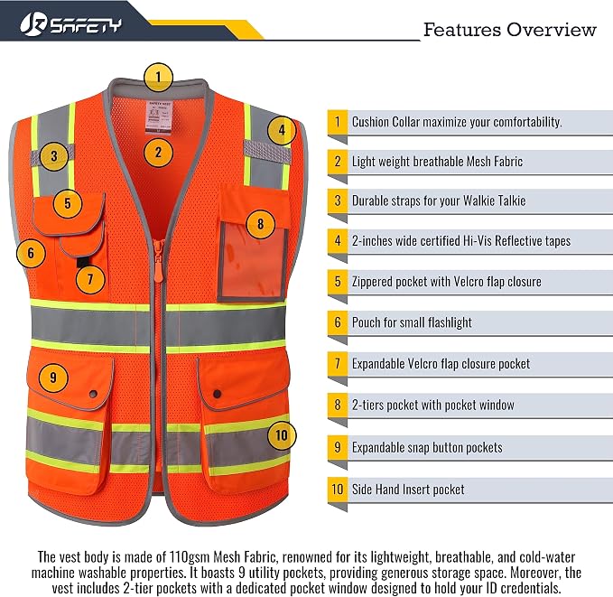 JKSafety 9 Pockets Hi-Vis Safety Vest Breathable Mesh Fabric Cushioned Collar Work Utility PPE Lightweight Industrial Work Gear ANSI/ISEA compliant (101-Orange 3XL)