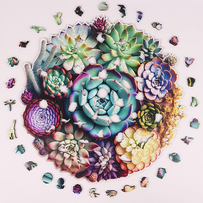 Delobi Mandala Succulent Wooden Puzzles, 200 Pieces Jigsaw Puzzles 11.3'' x10.9'', Unique Design Wooden Puzzles for Adults and Kids, Family Game Gift Medium Size