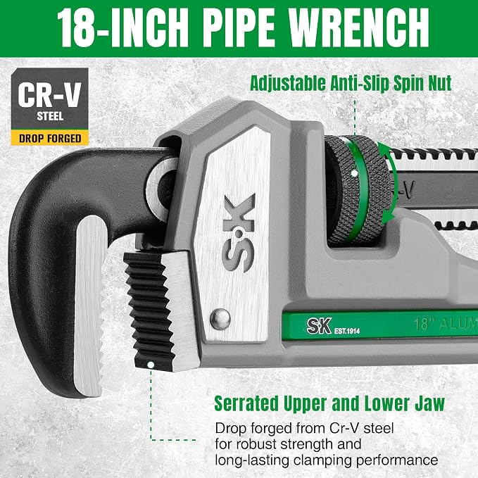 SK 18'' Pipe Wrench, Adjustable Plumbers Wrench, Aluminum Plumbing Wrench | Large Jaw Capacity 1/2'' to 2-1/2'', Lightweight I-Beam Handle, Serrated Jaw for Anti-Slip Grip, Drop-Forged Cr-V Steel Head