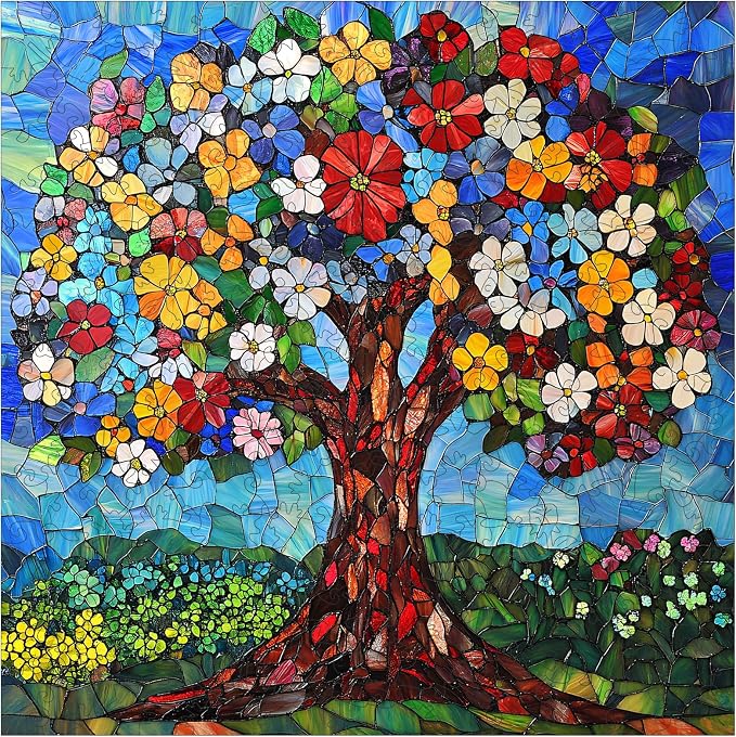 Delobil Mosaic Art Flower Tree Wooden Puzzle for Adults, 5mm Thick Stained Glass with 200 Unique Shaped Pieces, Challenge Puzzle Gift for Adults, 11.2 x 11.2 Inches