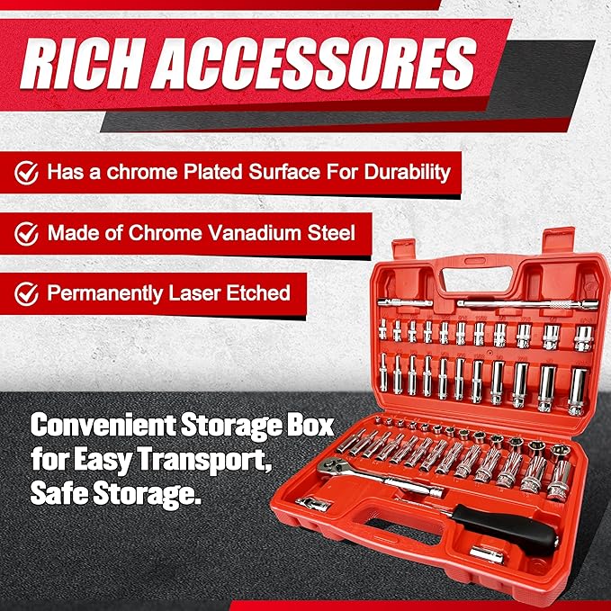 EACELIY 54pcs 1/4" Socket Set,Drive Impact Socket Set, SAE/Metric, Deep & Shallow with Universal Joint,Extension Bars,Hex Bit Holder, Spinner Handle,Ratchet,Cr-V Steel，6 Point，4-14mm，5/32-9/16 inch