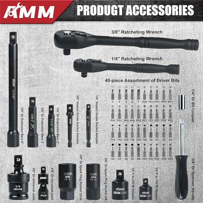 AMM 123Pcs Impact socket set，1/4”3/8”Drive Deep&Shallow Socket wrench set，6 Point Metric&Standard Full 5/32"-3/4"，4-22mm with Spark plug sockets，72T Ratchet handle，Screwdrivers，for Automotive&Home