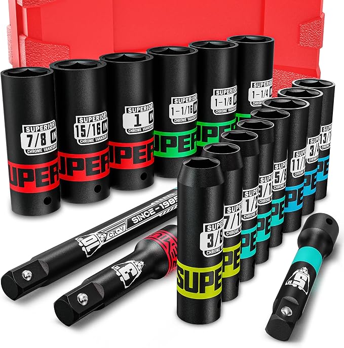 17 Piece 1/2" Drive Impact Socket Set, 3/8" - 1-1/4" Deep Socket, Include 3", 5", 10" Extension Bars, SAE, 6-Point, CR-V Steel, Cars, Motorcycles, Loosen the Fastening Nut