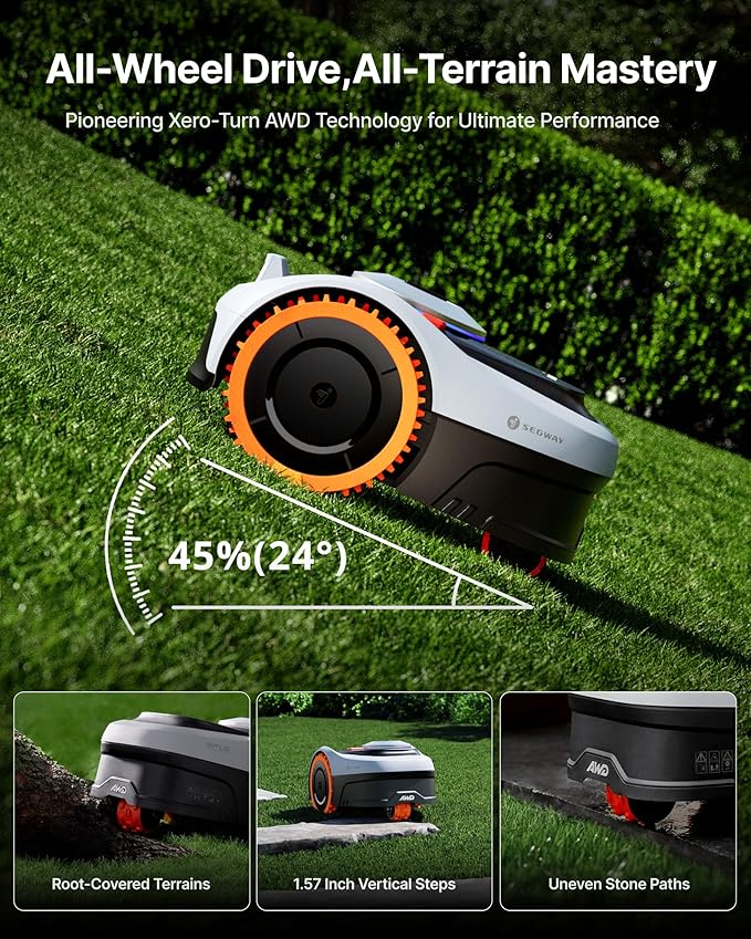 Segway Navimow i210 AWD Robot Lawn Mower, Wire-Free Robotic Mower, All-Wheel Drive for 45% Slopes, 2–3.6 in Adjustable Cutting Height, NRTK + Vision, Auto Mapping, 5.1Ah Battery, Covers 0.25 Acre