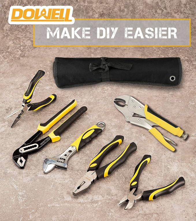 DOWELL Pliers Set - 6-Piece Kit with Groove Joint, Adjustable Wrench, Combination, Locking & Long Nose Diagonal Cutting Pliers