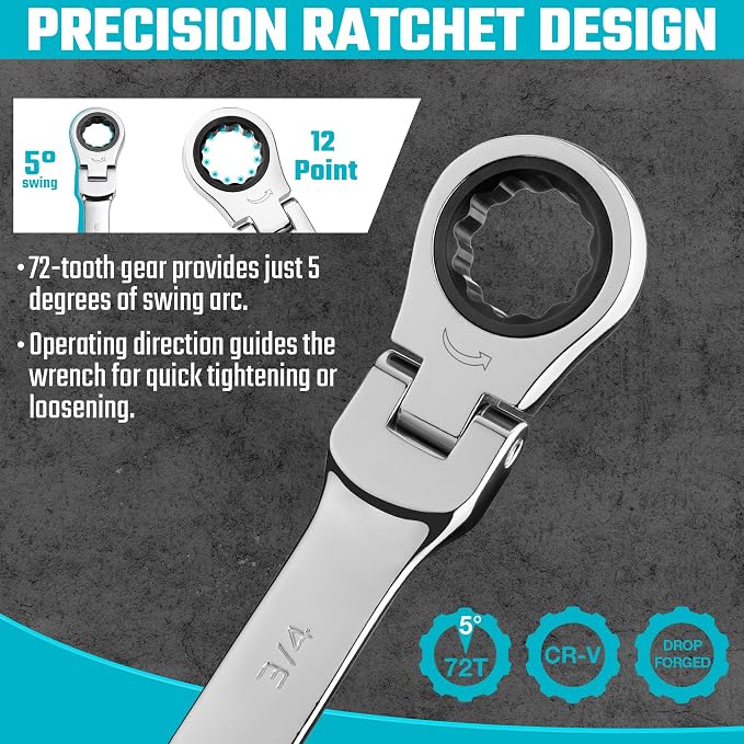 DURATECH Flex Head Ratcheting Wrench Set, 22-piece, Metric & SAE | Combination Wrench Set, 1/4" to 3/4" & 6-18mm, CR-V Steel, Mirror Polished, With Pouch