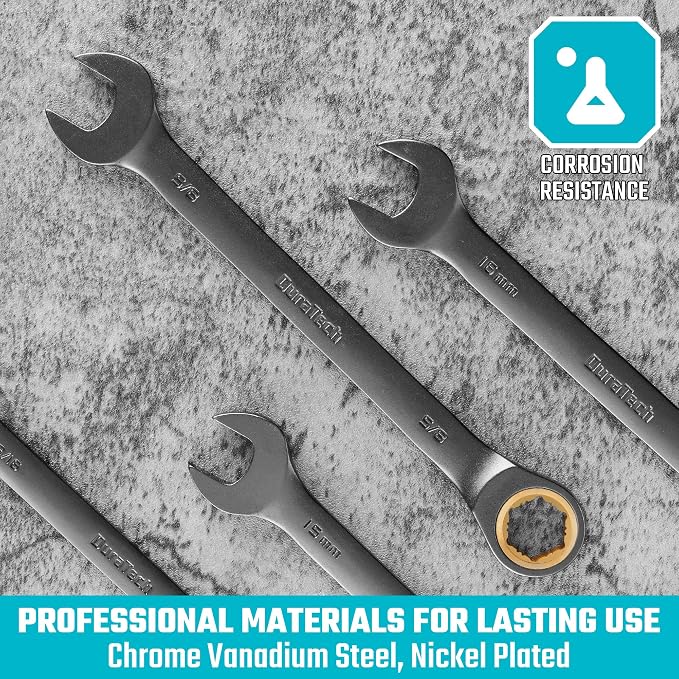 DURATECH Anti-Slip Ratcheting Wrench Set, 10-Piece, Metric 6-18mm | Combination Wrench Set, 72-Tooth, Nickel Plating, CR-V Steel, With Pouch
