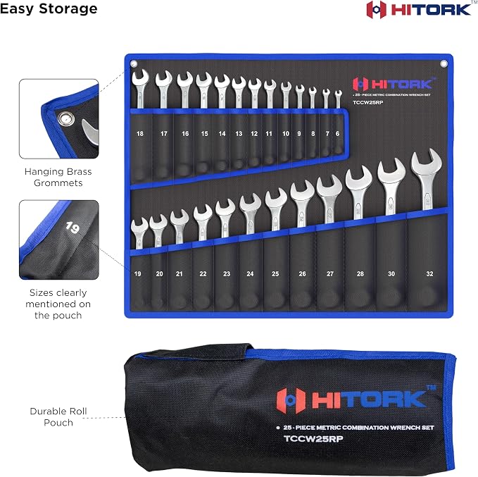 HITORK 25 Piece Metric Combination Wrench Set, 6-32 mm, 12-Point CRV Steel | Matt finish, 15° Offset box ends & organized roll up storage improve access, visibility & control for automotive repair work