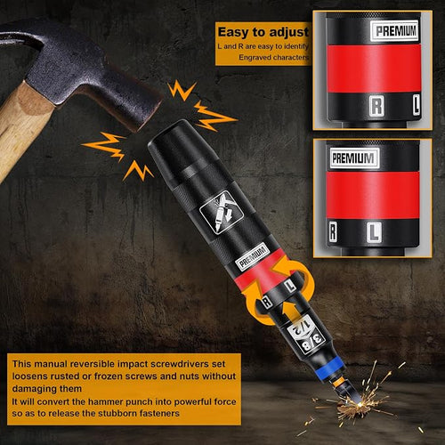 1/2" Hand Impact Screwdriver Set, 13 PCS Manual Reversible Impact Driver Kit, S2 Steel Bits Repair Tool, Disengage Rusted Fasteners or Frozen Bolts