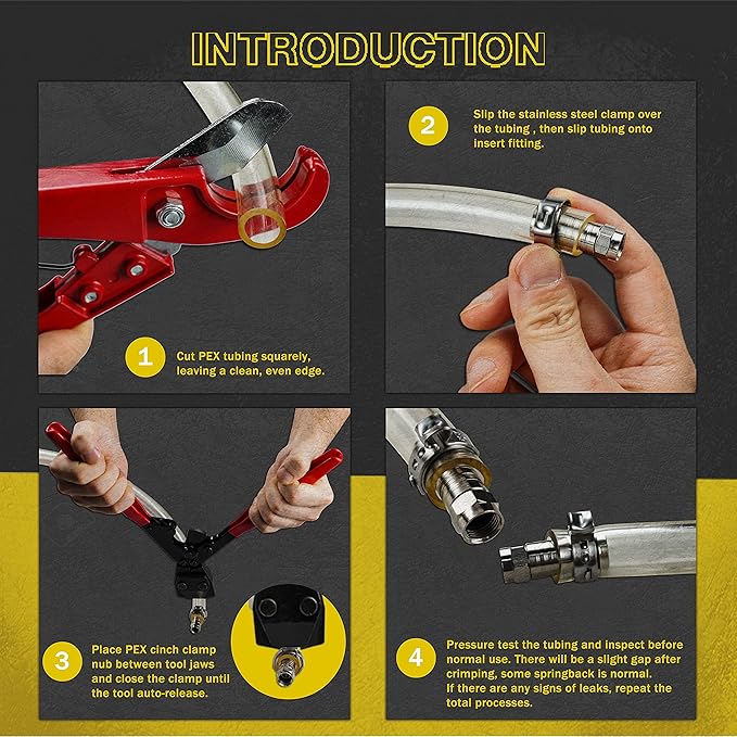 KOTTO Ratchet PEX Crimping Clamp Cinch Tool & Pipe Hose Cutter Meets ASTM 2098 & Stainless Steel Pipe Clamps, Pipe Fitting Tool Kit Sizes 3/8" to 1" - 20 pcs 1/2", 10 pcs 3/4" Clamps With Storage Bag