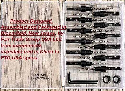 FTG USA 6 Pc #6 (9/64"), 6 Pc #8 (11/64") Countersink Drill Bit Set with Depth Stop Collar, Hex Wrench - Tapered Drill Bits for Wood
